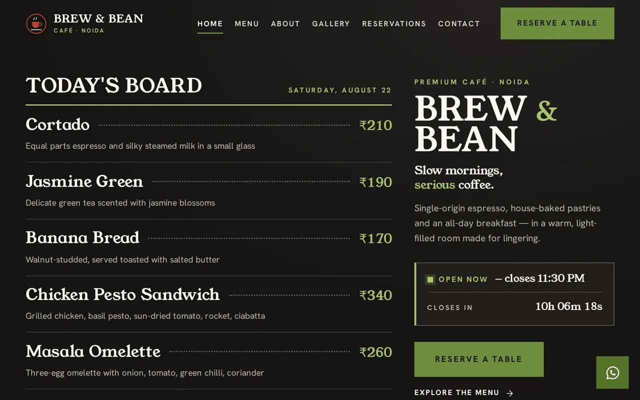 Brew and Bean homepage — warm café hero with reservation buttons