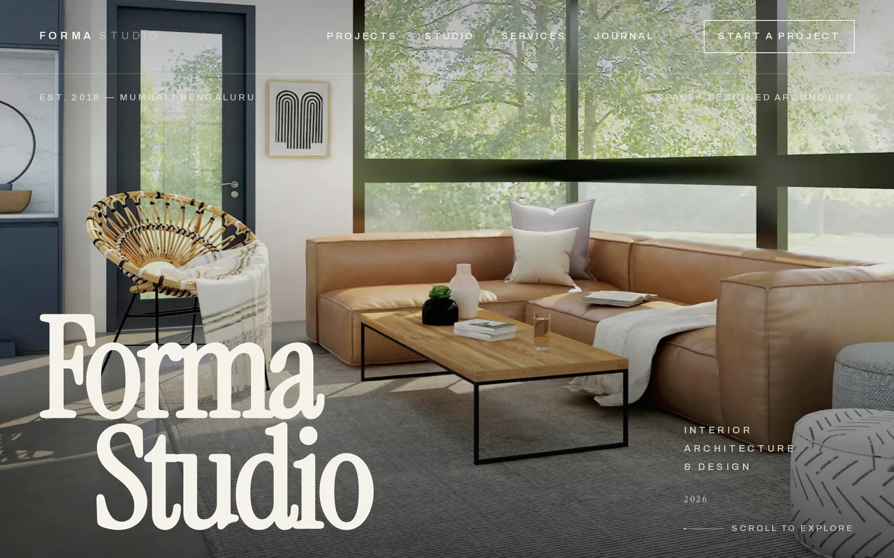 Forma Studio homepage — full-bleed interior photograph with oversized serif wordmark