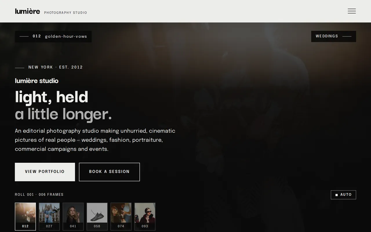 Lumière Studio homepage — dark editorial photography hero
