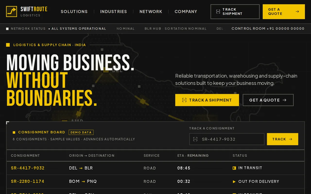 SwiftRoute Logistics homepage — bold type beside a live India route map