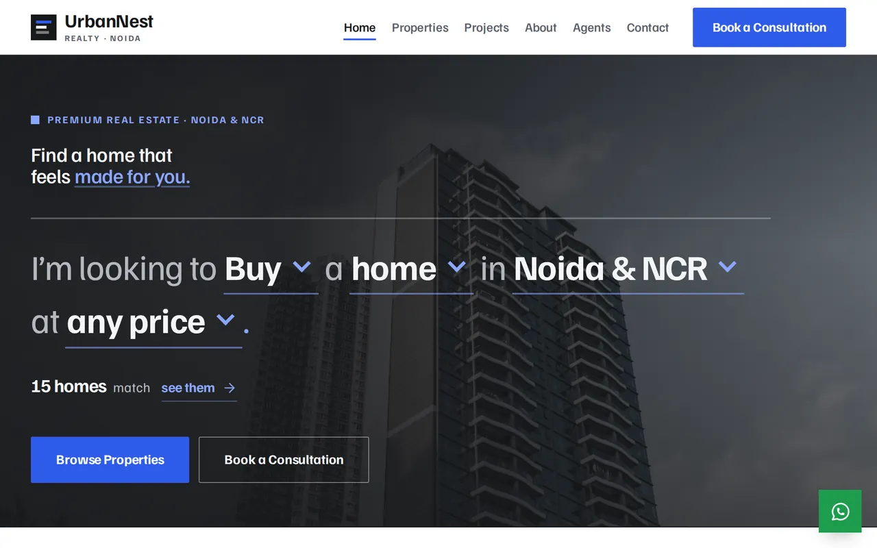 UrbanNest Realty homepage — property search panel over a residential interior