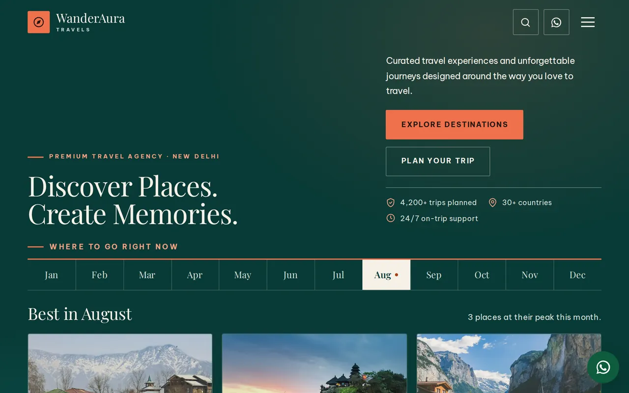 WanderAura Travels homepage — mountain hero with a trip search card