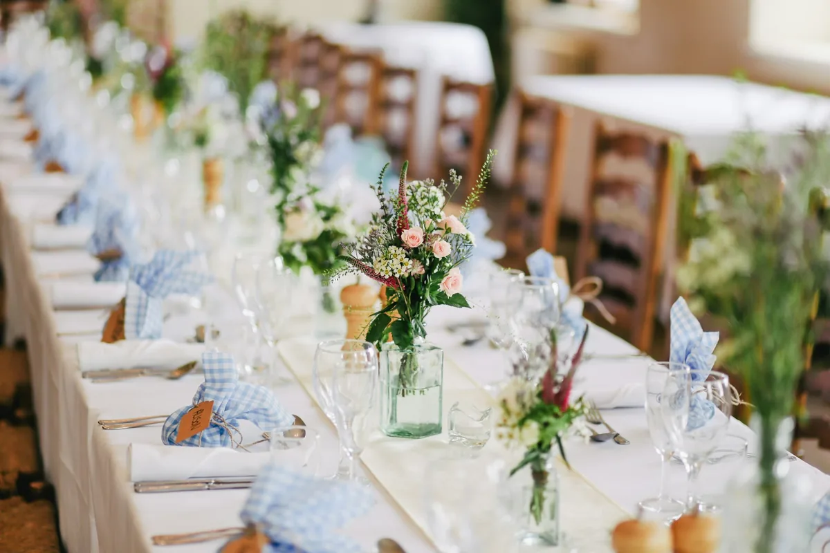 Long banquet table set for a wedding breakfast