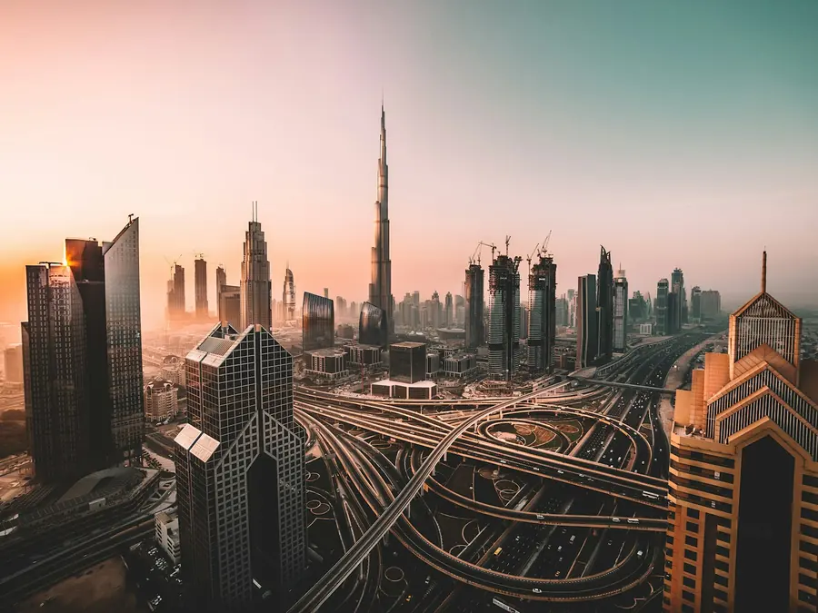Dubai skyline at golden hour with the Burj Khalifa