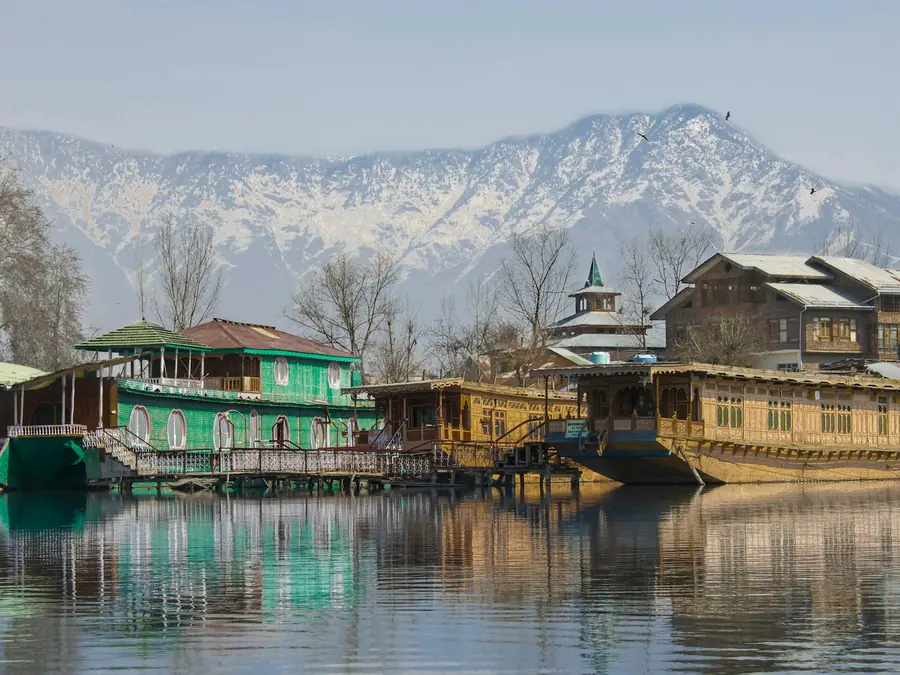 Houseboats on Dal Lake with snow mountains behind, Kashmir