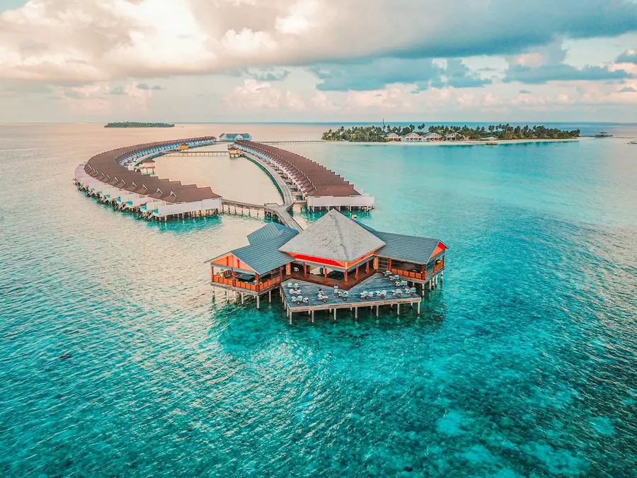 Overwater bungalows on a Maldivian lagoon