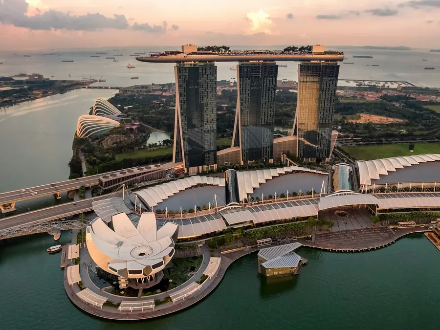 Aerial view of Marina Bay, Singapore at dusk