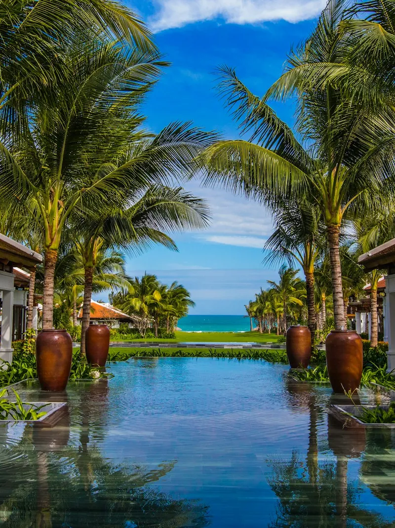 Palm-lined pool at a luxury beach resort