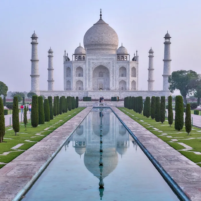 The Taj Mahal reflected in its formal water garden