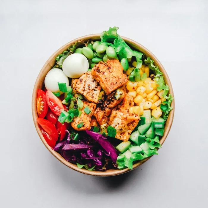 Colourful salad bowl photographed from above