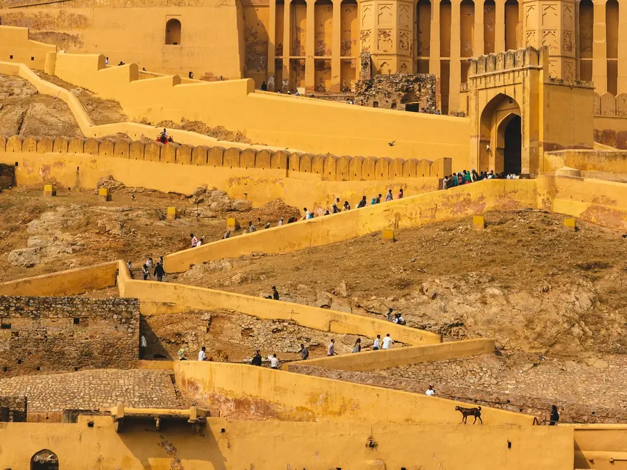 Amber Fort ramparts climbing a hillside in Jaipur