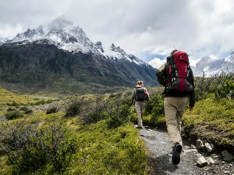 Trekker on a mountain path in the Himalayas